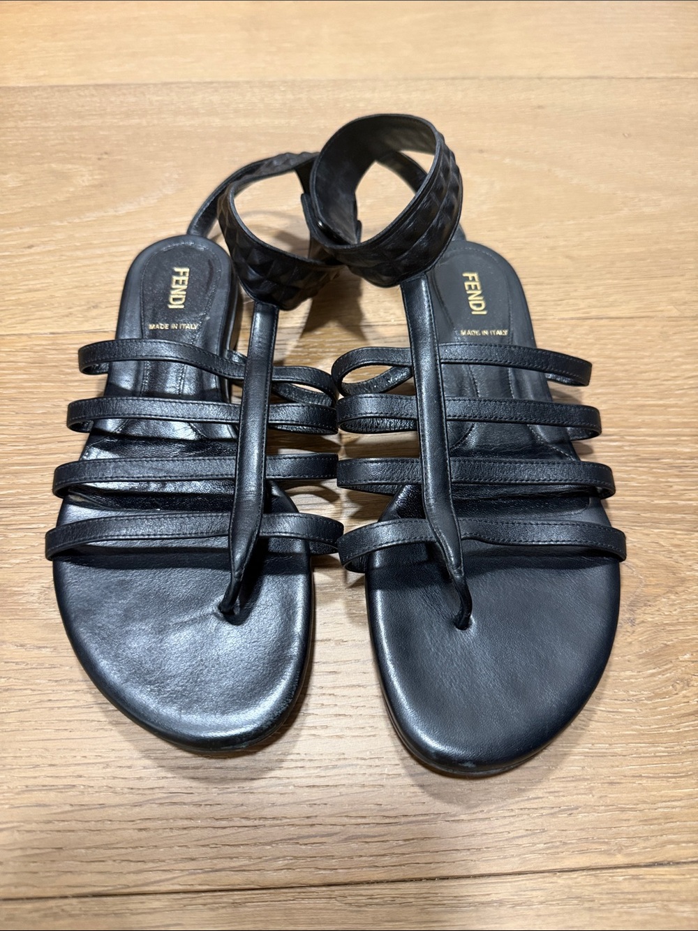 Fendi Black Multi-Strap Leather Ankle Cuff Sandals